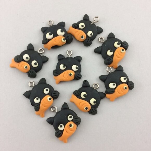 9 Black Kitty Cat Goldfish Polymer Clay Charms Pendants Handmade 3/4" - Picture 1 of 10